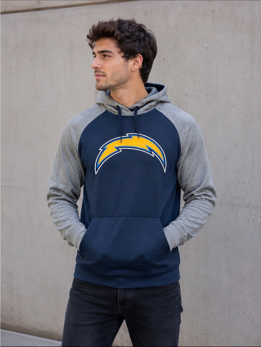 NFL Chargers Navy and Gray Hooded Zip-Up Sweater with Yellow Logo